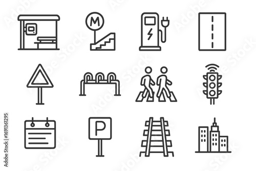Transport Icons Grid. Outline icon set of transport infrastructure: bus stop, metro station, charging dock,