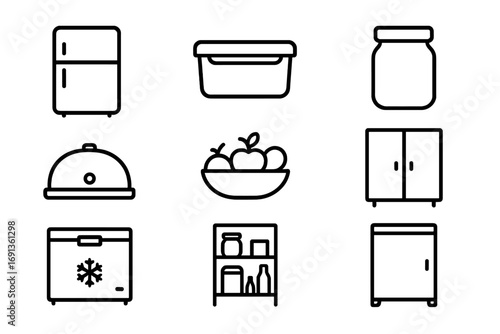 Food Storage Icons. Outline icon set of food storage: fridge, sealed container, jar, bread box, fruit bowl,