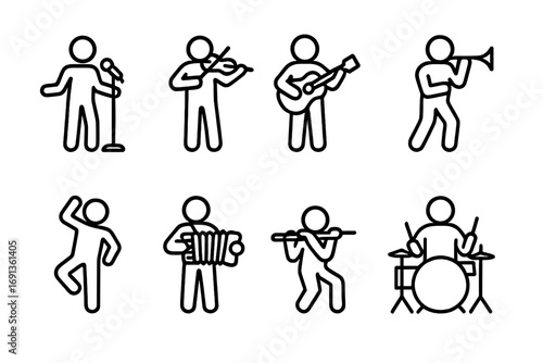 Street Performers Icons. Outline icon set of solo street performers: singer, violinist, guitarist, trumpeter,