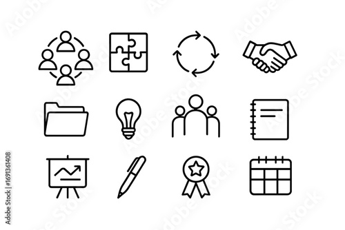 Teamwork Icons Set. Outline icon set of teamwork workshops: circle of people, puzzle pieces, arrows, handshake