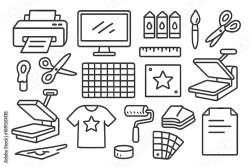 Print Shop Workflow. Hand-drawn doodle illustration print shop workflow printer, computer monitor, ink cartridges, paintbrush,