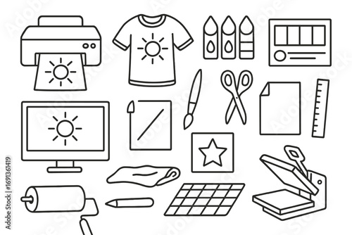 Printing Tools Icons. Hand-drawn doodle illustration personalized printing process printer, t-shirt, ink cartridges, color palette