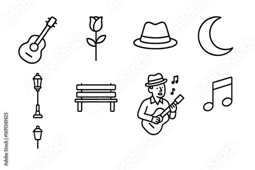 Romantic Serenade Icons. Outline icon set of romantic street serenades: guitar, rose, hat, moon, lamp post,