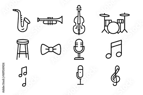 Street Jazz Icons. Outline icon set of jazz on the street: saxophone, trumpet, double bass, drum set, stool,