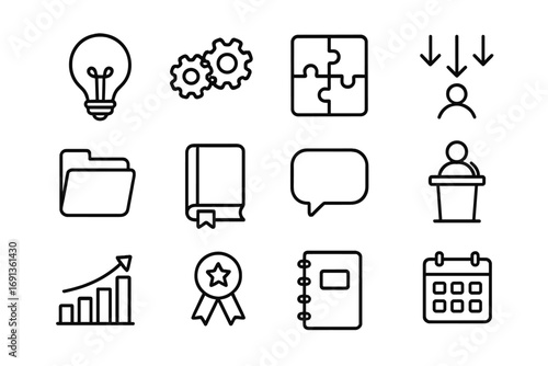 Innovation Seminar Icons. Outline icon set of innovation seminars: lightbulb, gears, puzzle, arrows, folder,