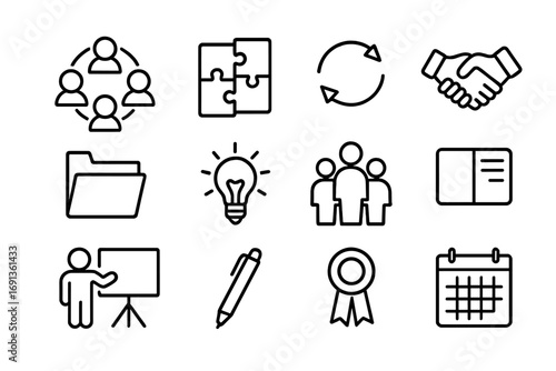 Teamwork Icons Set. Outline icon set of teamwork workshops: circle of people, puzzle pieces, arrows, handshake