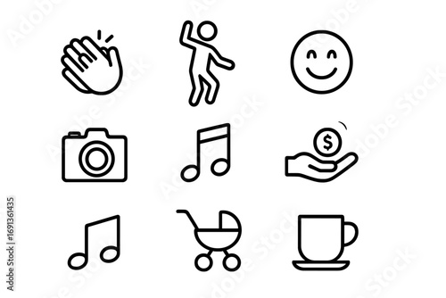 Busker Audience Icons. Outline icon set of audience enjoying buskers: clapping hands, dancing silhouette,