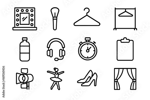 Backstage Icon Collection. Outline icon set of backstage runway preparation: mirror, makeup brush, hanger,
