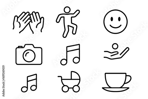 Busker Audience Icons. Outline icon set of audience enjoying buskers: clapping hands, dancing silhouette,