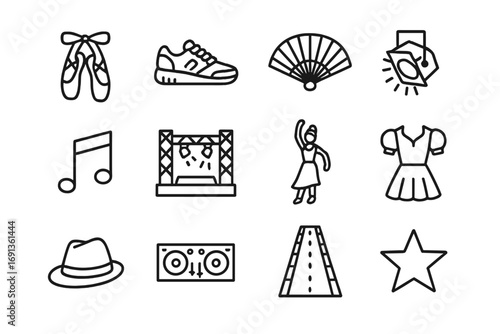 Dance Fusion Icons. Outline icon set of dance fusion for fashion events: ballet shoes, hip-hop sneakers,