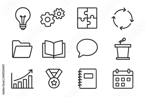 Innovation Seminar Icons. Outline icon set of innovation seminars: lightbulb, gears, puzzle, arrows, folder,