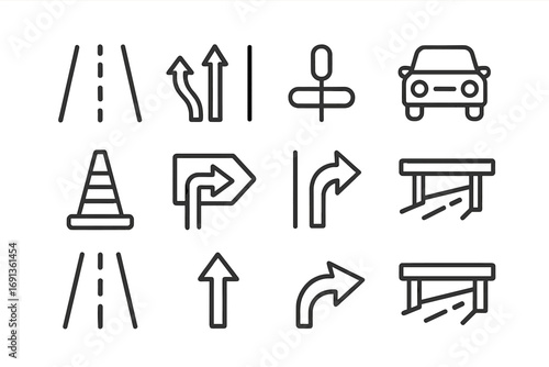 Motorway Icon Set. Outline icon set of motorway lane guide: highway lanes, road arrows, divider, car, traffic