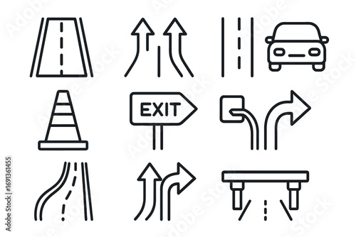 Motorway Icon Set. Outline icon set of motorway lane guide: highway lanes, road arrows, divider, car, traffic