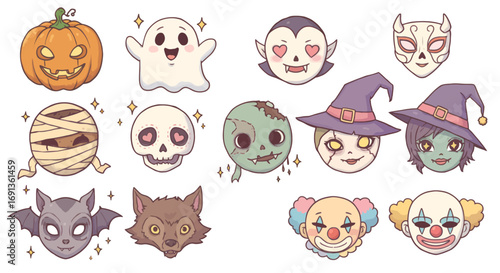 A charming collection of cute, kawaii-style Halloween character faces, including a pumpkin, ghost, vampire, witch, mummy, and clown.