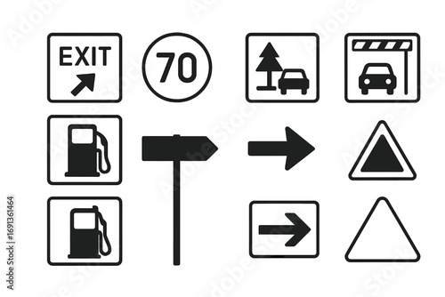 Motorway Sign Icons. Outline icon set of motorway signs: exit sign, speed limit sign, rest area, toll gate,