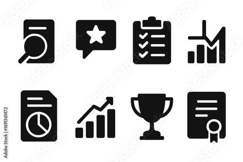 Project Evaluation Icons. Solid, filled icon set of project evaluation: review, feedback, scorecard, audit, analysis, graph,