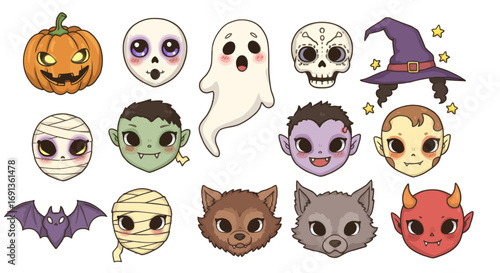 A collection of cute cartoon Halloween characters and spooky elements including pumpkins, ghosts, mummies, vampires, werewolves, and witches' hats.