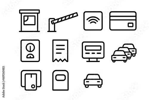 Toll Road Icon Grid. Outline icon set of toll road elements: toll booth, barrier arm, RFID tag, payment card,
