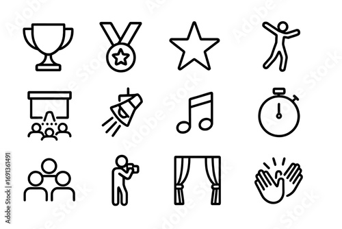 Dance Competition Icons. Outline icon set of runway dance competitions: trophy, medal, star, dancer, stage,