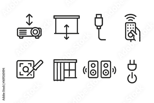 Projector Setup Icons. Outline icon set of projector setup: positioning projector, adjusting screen, cable connection, remote
