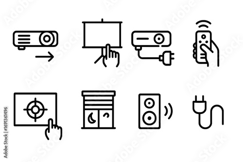Projector Setup Icons. Outline icon set of projector setup: positioning projector, adjusting screen, cable connection, remote