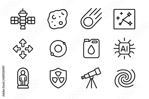 Deep Space Icons. Outline icon set of deep space missions: probe, asteroid, comet, star map, navigation arrows
