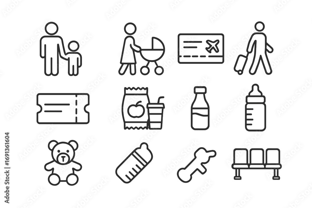 Fototapeta premium Travel Essentials Icons. Outline icon set of traveling families: parent with child, stroller, suitcase,