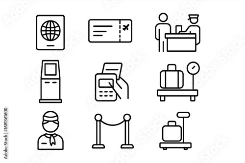Check-In Process Icons. Outline icon set of check-in process: passport control, boarding pass, check-in