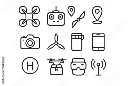 Drone Technology Icons. Outline icon set of drone technology: quadcopter, controller, GPS tracker, camera,