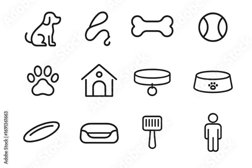 Dog Companionship Icons. Outline icon set of dog companionship: dog, leash, bone, ball, paw, kennel, collar,