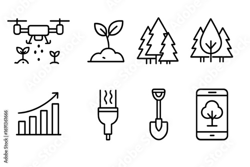 Reforestation Icon Set. Outline icon set of reforestation technology: drone planting trees, seedling, water