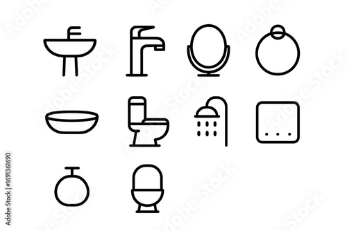Bathroom Icons Set. Outline icon set of bathroom essentials: sink, faucet, mirror, towel ring, soap dish,