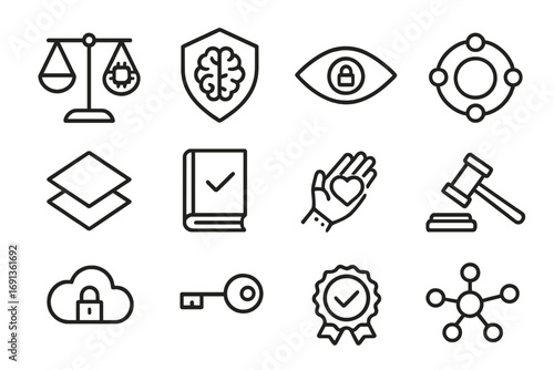 Ethical AI Icon Set. Outline icon set of ethical AI aesthetics: balance scale with chip, shield with brain, eye with lock,