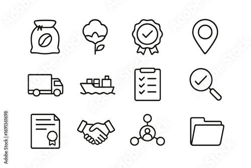Ethical Sourcing Icons. Outline icon set of ethical sourcing and supply chain: coffee bean sack, cotton plant, fair trade badge,
