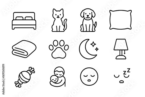 Pet Bedtime Icons. Outline icon set of pet bedtime: bed, cat, dog, pillow, blanket, paw, moon, stars, night