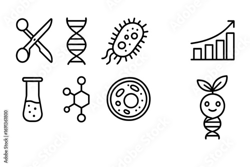 Synthetic Biology Icons. Outline icon set of synthetic biology: gene editing scissors, DNA strand, bacteria