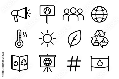 Global Warming Icons. Outline icon set of global warming awareness: megaphone, protest sign, people, globe,