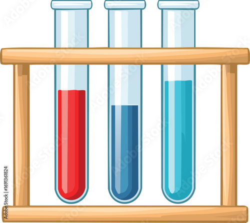 A set of chemical test tubes with colorful liquids in a wooden rack. A vector illustration for science, laboratory, research, and education concepts. Generative AI