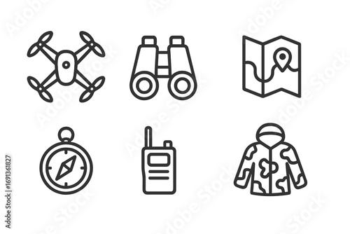 Reconnaissance Tools Icons. Outline icon set of reconnaissance tools: drone, binoculars, camera, map, compass, radio transmitter,