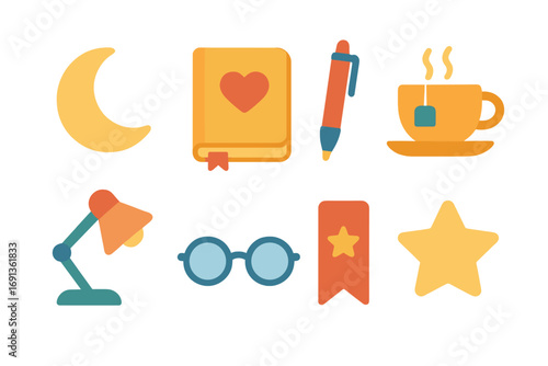 Evening Reflection Icons. Flat vector mini-illustrations Evening review and reflection in colors children’s illustrations: moon,