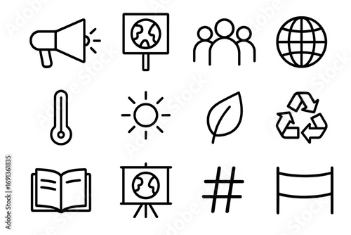 Global Warming Icons. Outline icon set of global warming awareness: megaphone, protest sign, people, globe,