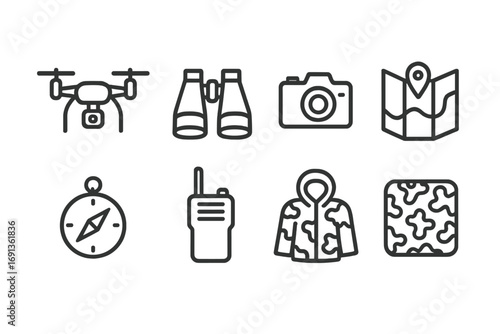 Reconnaissance Tools Icons. Outline icon set of reconnaissance tools: drone, binoculars, camera, map, compass, radio transmitter,