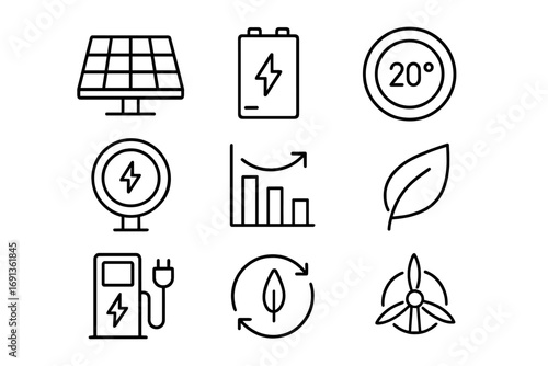 Energy Management Icons. Outline icon set of energy management: solar panel, battery storage, thermostat,