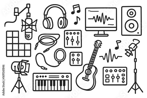 Recording Studio Doodle. Hand-drawn doodle illustration recording studio setup microphone, headphones, mixing console, computer
