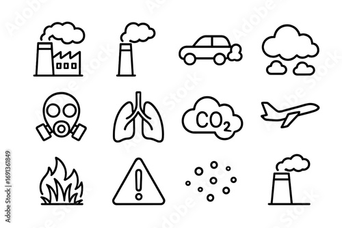 Air Pollution Icons. Outline icon set of air pollution: factory, smokestack, car exhaust, smog cloud, gas mask