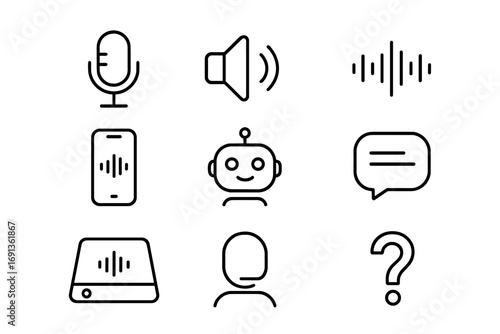 Voice Assistant Icons. Outline icon set of voice assistant interactions: microphone, speaker icon, waveform,