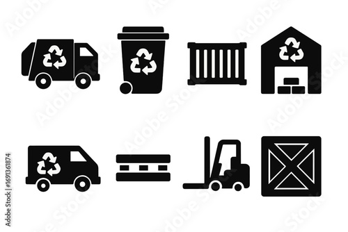 Recycling Transport Icons. Solid, filled icon set of recycling transportation: garbage truck, recycling bin, cargo container,