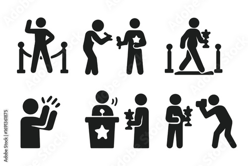 Red Carpet Icons. Solid, filled icon set of red carpet event activities: posing, autograph signing, interviews, walking,