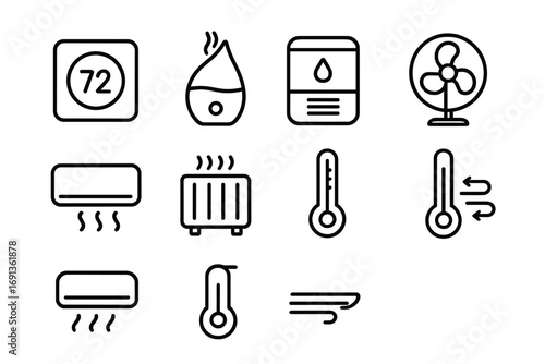 Climate Control Icon Set. Outline icon set of climate control devices: smart thermostat, humidifier,