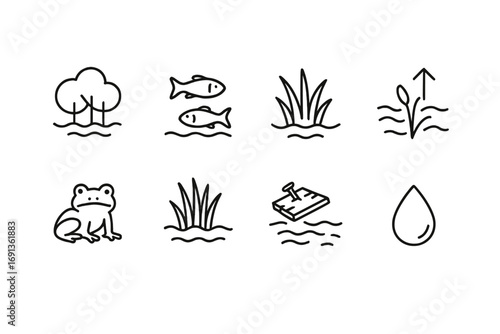 Flooded Ecosystem Icons. Outline icon set of flooded ecosystems: submerged trees, fish swimming, waterlogged
